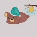 A bear sleeps under a tree with a beehive. Background